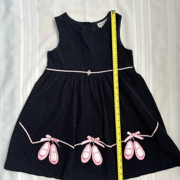 Vintage Navy Corduroy Polka Dot Dress with Pink Ballet Shoe Applique - Picture 2 of 10